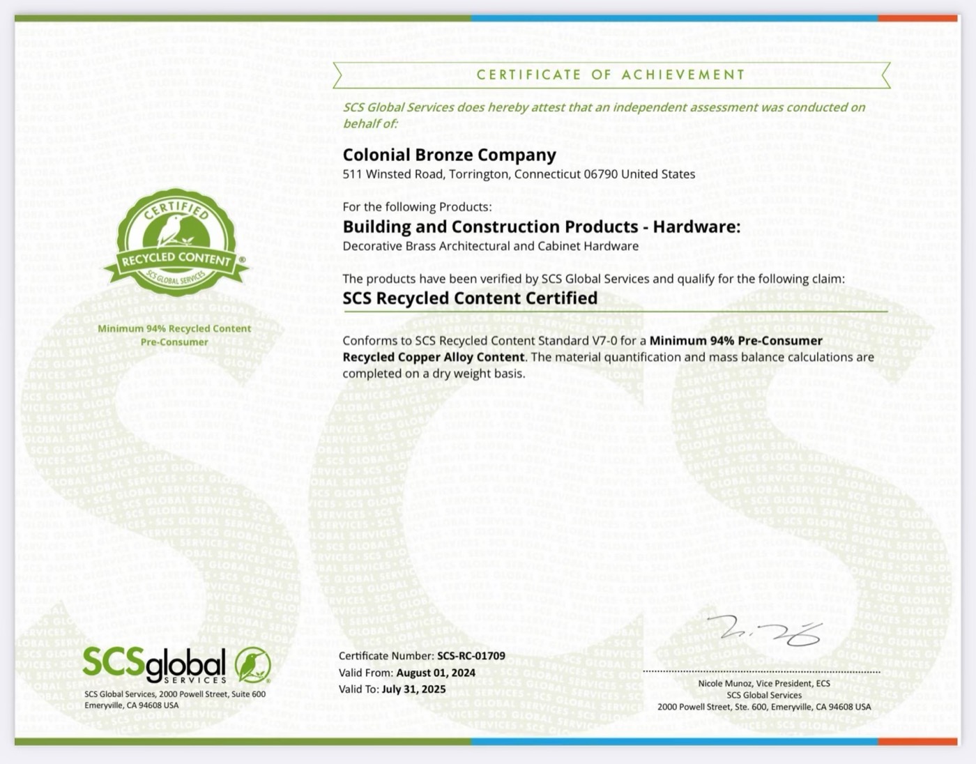 Colonial Bronze Green Certification