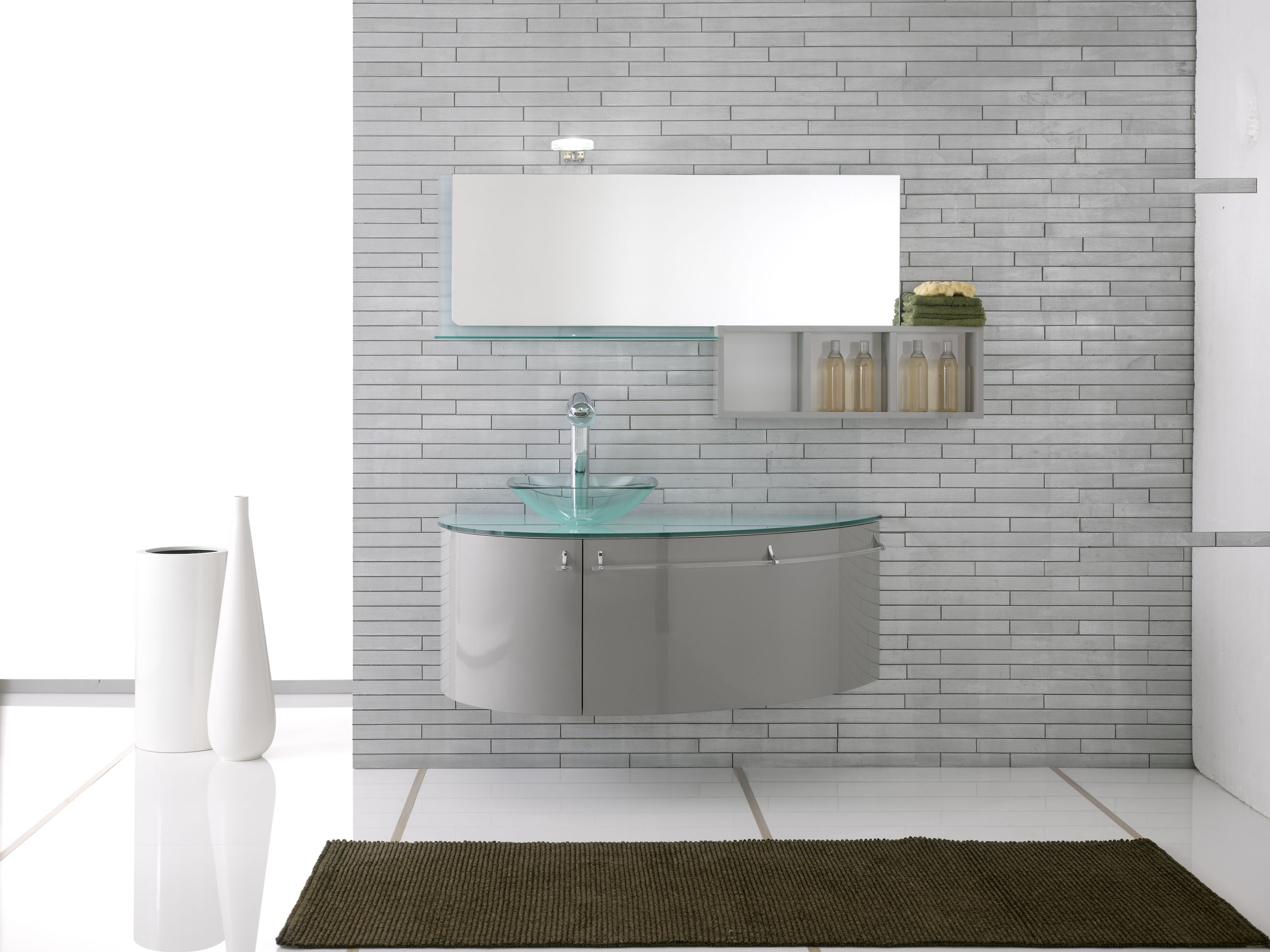 FOSTER curved gloss vanity with glass vessel sink and wall storage