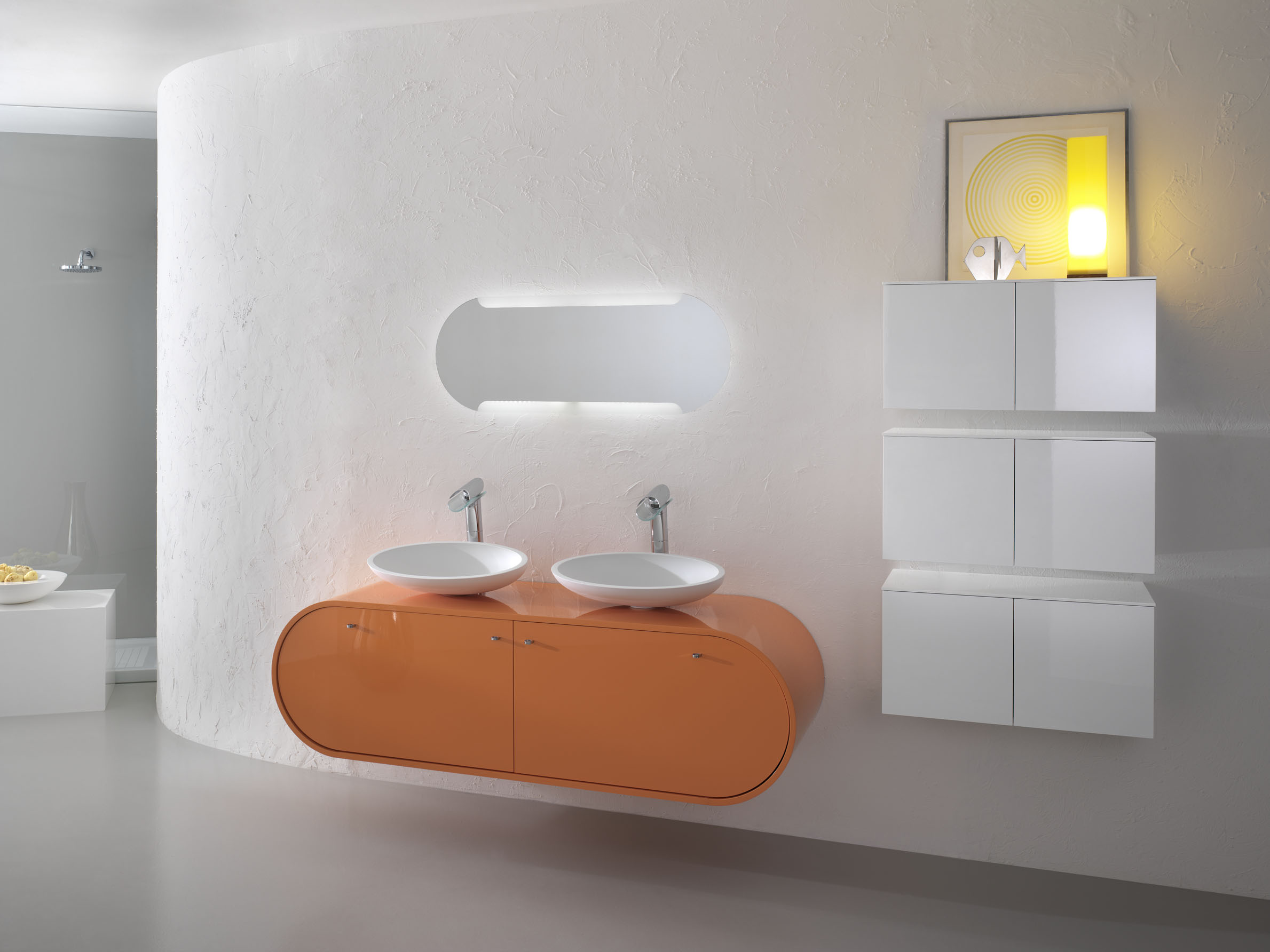 FOSTER white double vanity with walnut cabinetry and backlit oval mirrors
