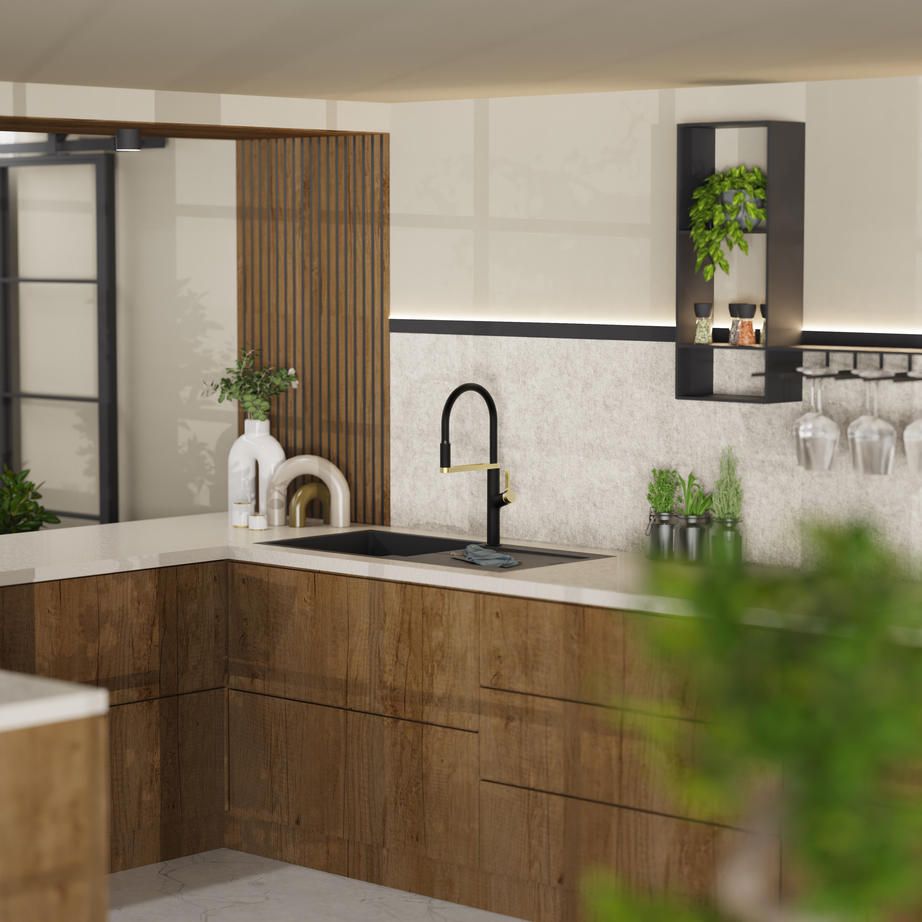 Wasserwerk faucet in a wood and black kitchen, corner view